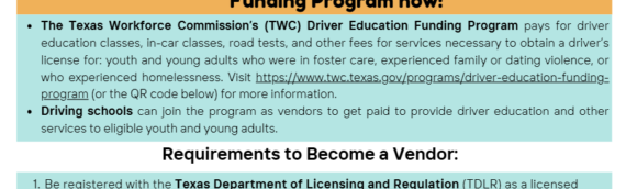 CALLING ALL DRIVING SCHOOLS: Become a vendor for TWC’s Driver Education Funding Program Now!